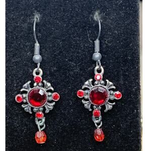 90s Victorian Gothic style Maltese cross like red dangle earrings